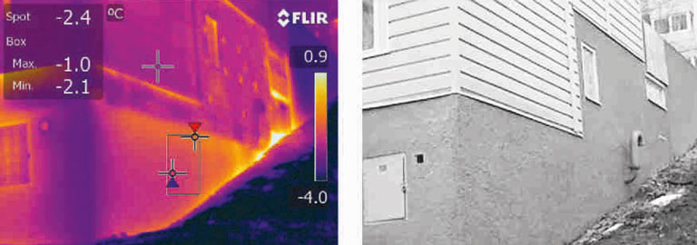Figur 1. Exempel på termogram. Värmekameran ser mer, där ögat ser en homogen vägg. Övre delen av den putsade betongväggen, lägenhet med fönster, är utvändigt isolerad. Infästningarna syns som små köldbryggor. Källarförråden på våningen under är isolerade invändigt och i mindre omfattning, där är yttemperaturen högre (till vänster i bild). Under röret till höger ansluter en tvärvägg i betong som en oisolerad köldbrygga och den varmaste fläcken bortom röret visar var den helt oisolerade källargången börjar. Överst till vänster en plåtfasad som helt skymmer stommen och eventuella köldbryggor för värmekameran. Det går inte att säga något om konstruktionen bakom en plåtfasad. 